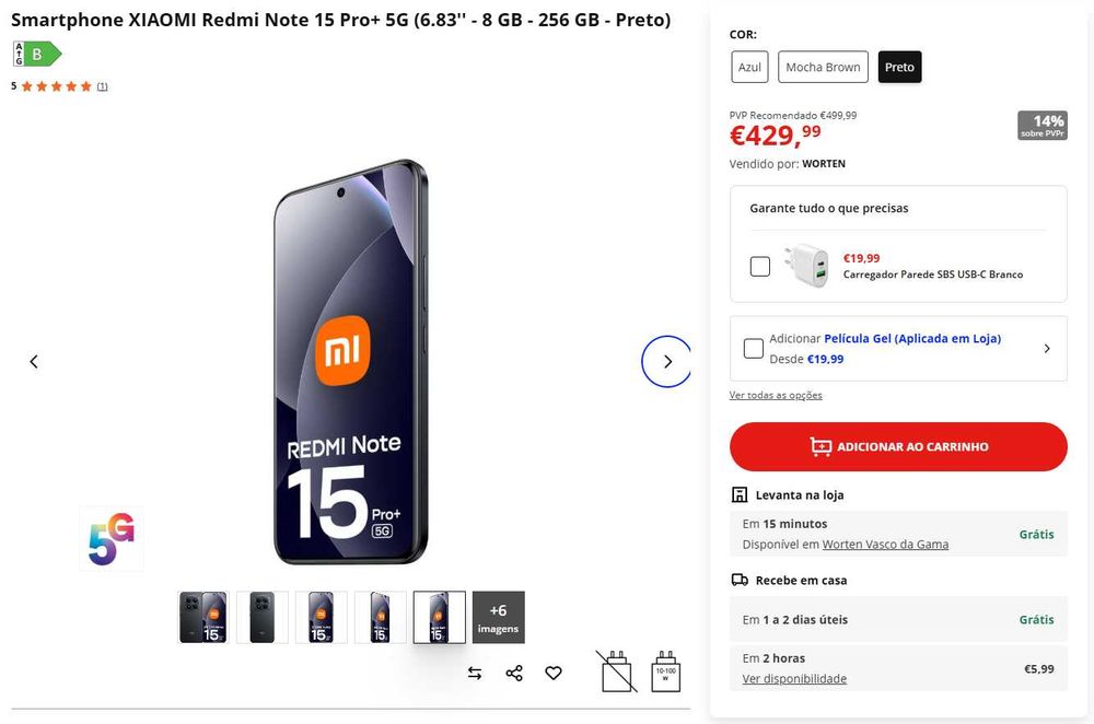Xiaomi Redmi Note 15 Pro+ 5G – 256 GB / 8 GB RAM – Preto | Novo, caixa selada | 408,49€ - 5% DESCONTO