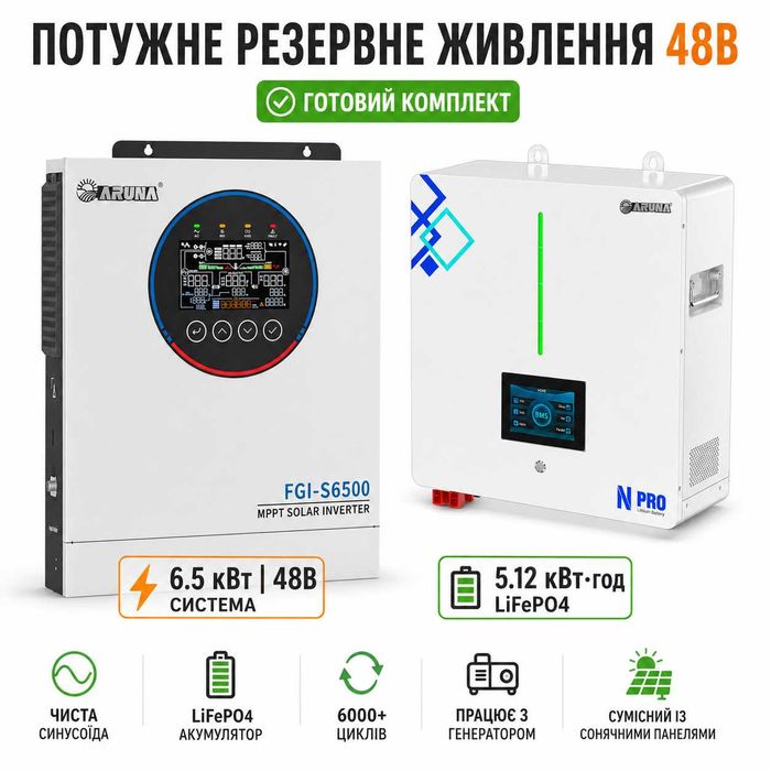 Комплект інвертор Aruna 6.5 кВт/48 В + АКБ Aruna 48 100 LiFePO4 5.12 кВт·год. Розстрочка 10 платежів!