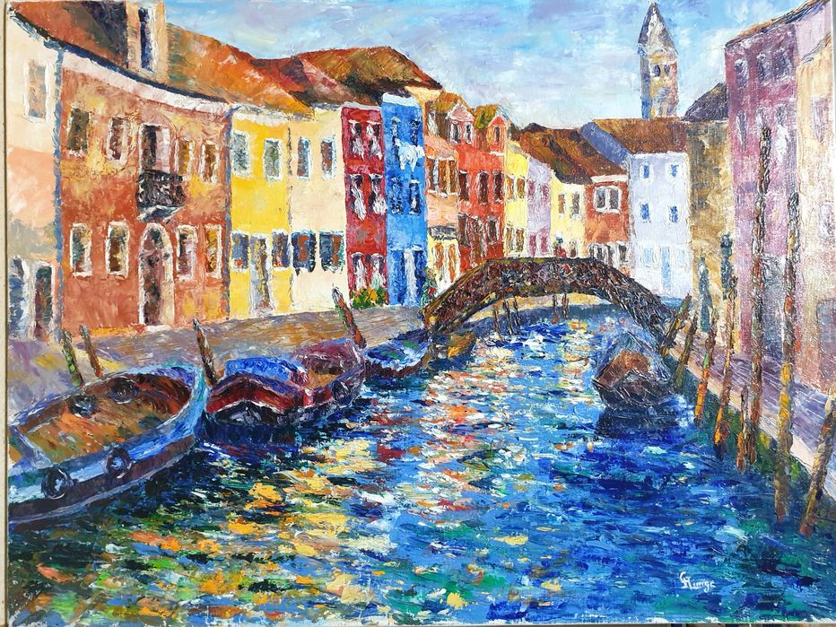 Fantástica pintura paisagística de Burano Veneza em óleo sobre tela