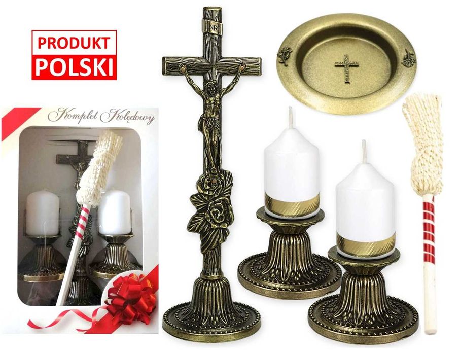 KOMPLET ZESTAW KOLĘDOWY *INRI* kolęda ciemny złoty krzyż kropidło