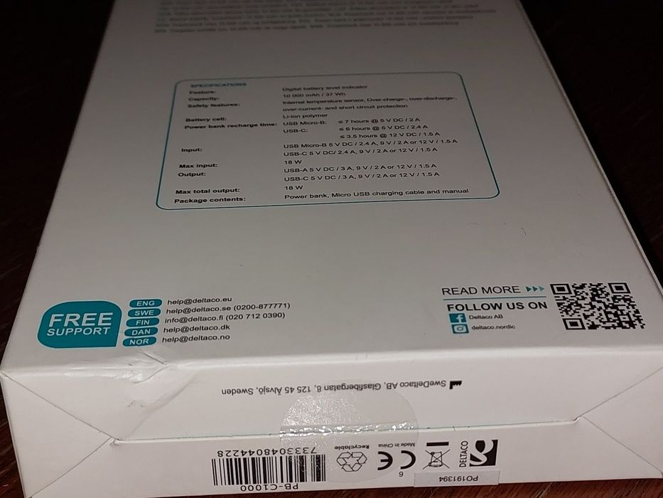 Powerbank DELTACO 10tys.mAh USB-C USB B USB-A fast charge kabel Sweden