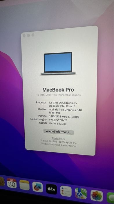 MacBook Pro 13, 2017 r. - bardzo dobry stan, 128gb