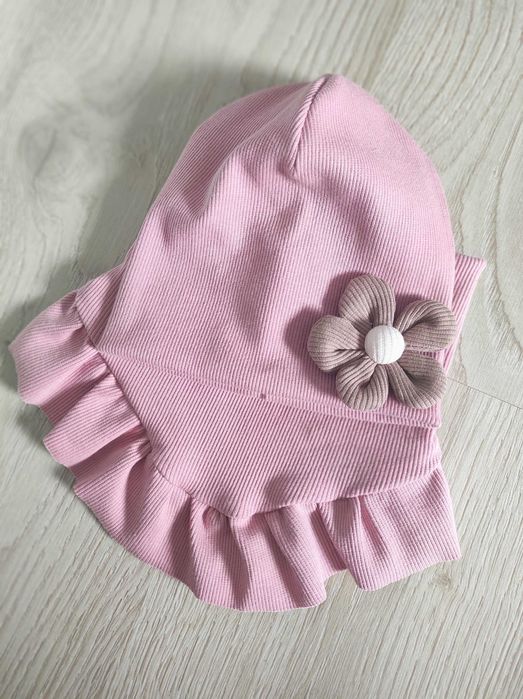 Od ręki! Komplet wiosenny zestaw czapka komin falbanką prążek 40-44cm