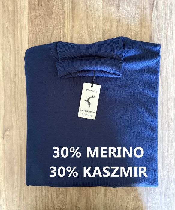 Sweter męski z golfem z wełną z merynosa i kaszmirem XL granatowy