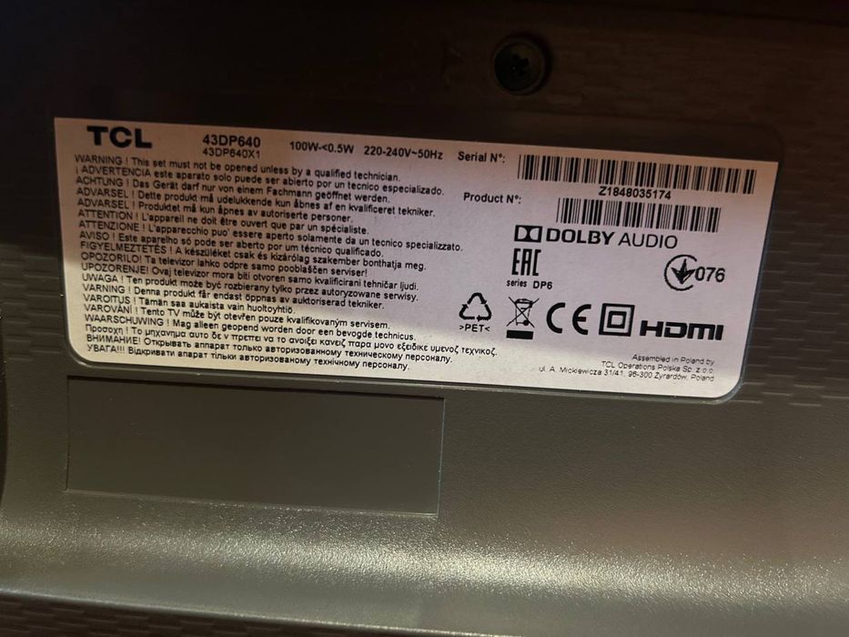 Телевізор TCL 43”, SmartTV, T2, 4K, Wi-Fi, супертонкий