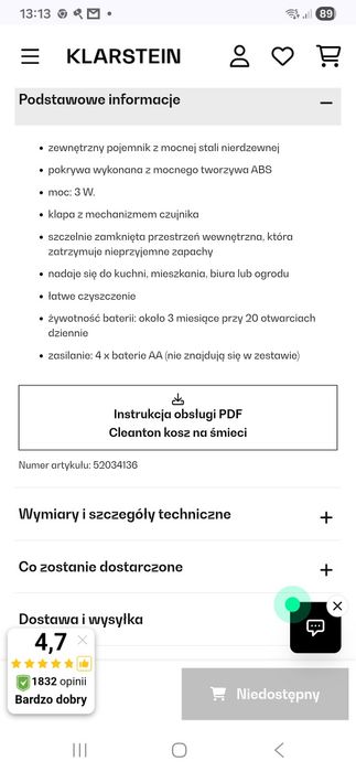 Kosz na śmieci Klarstein z czujnikiem ruchu