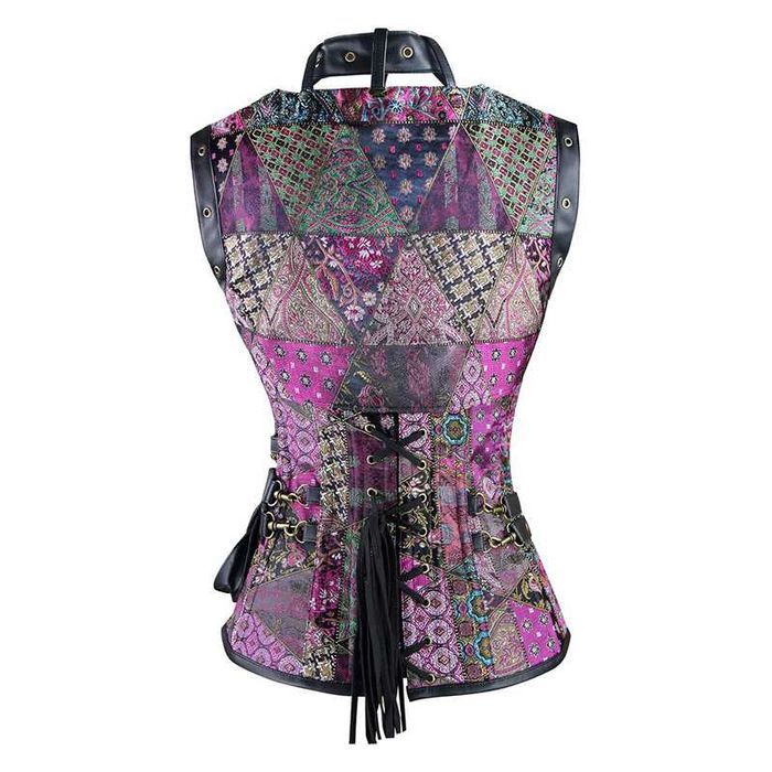 Wzorzysty gorset ze zdobieniami odpinany dekolt ze stringami XS