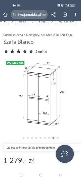 Szafa dwudrzwiowa 90 cm do pokoju