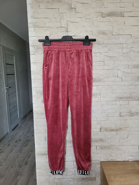 Nowy welurowy różowy dres bluza z kapturem+spodnie rurki wysoki stan L