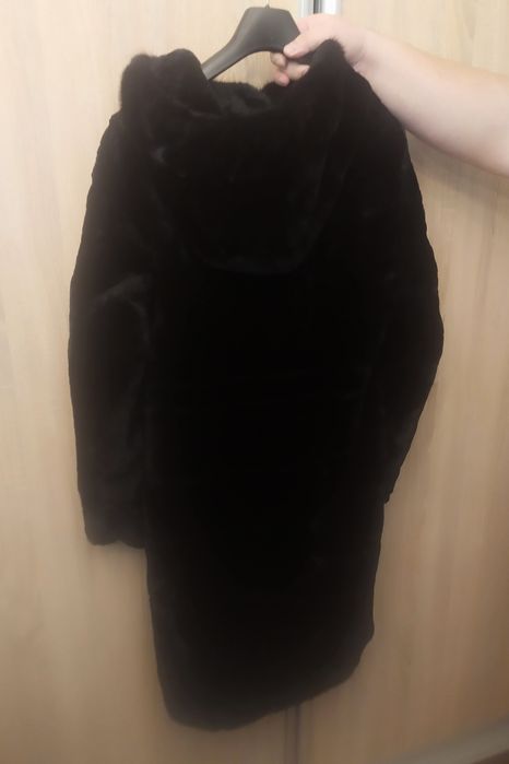 Шуба з капюшоном Натуральне хутро Норка чорна Мутонова довга Нова 52 L