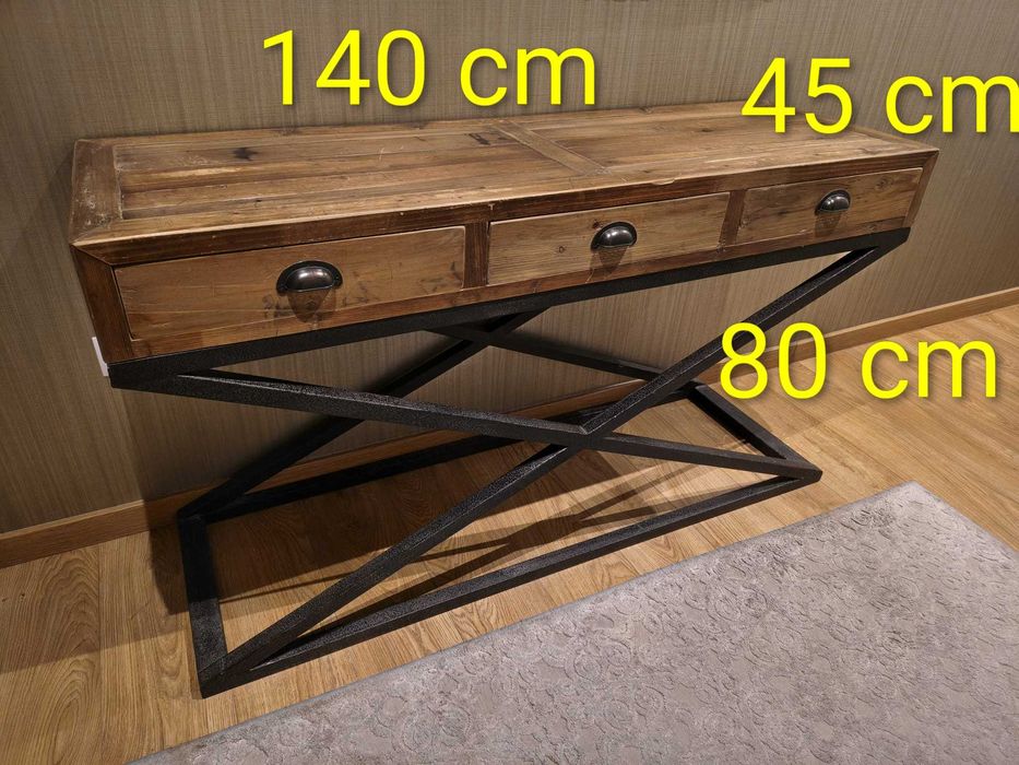 Consola / Aparador rústico em madeira maciça e pés em ferro