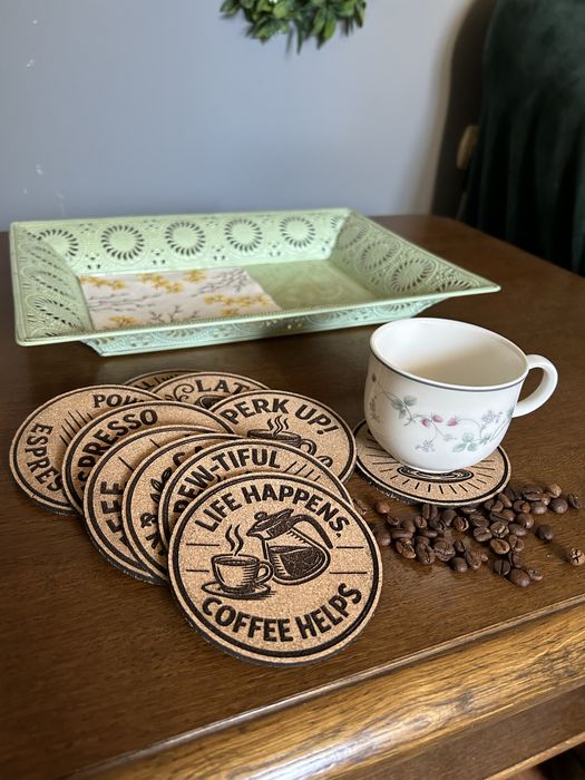 Podkładki pod filiżanki, kubki, komplet z pudełkiem.