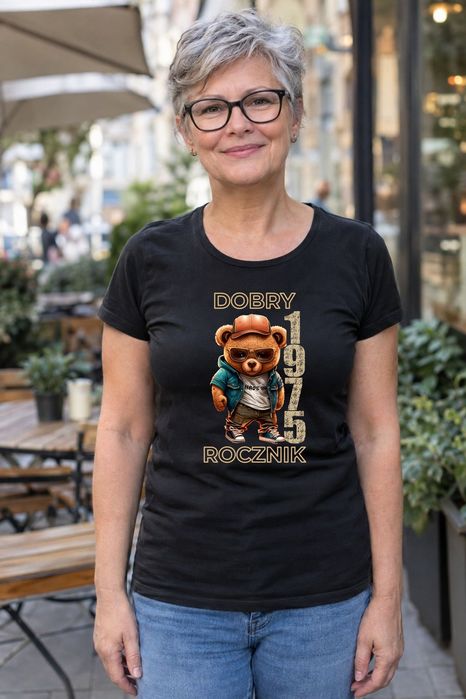 Koszulka damska czarna z misiem Dobry rocznik rocznik 1975 2XL