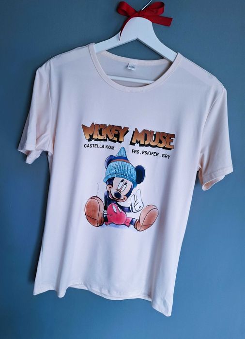 Beżowy t-shirt z dużym nadrukiem Myszka Miki