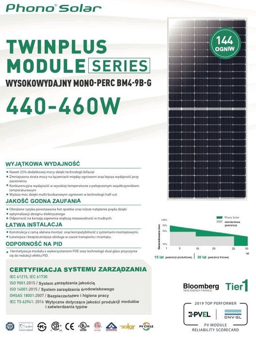 Nowy Panel fotowoltaiczny Phono Solar 450W PS450M5GT-24/TH monofacial