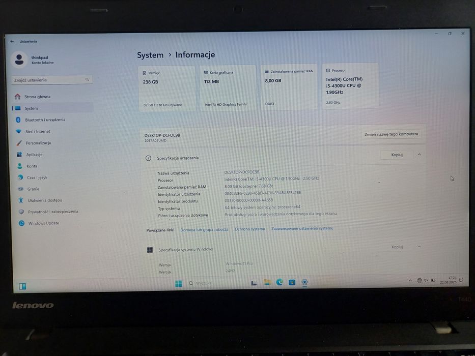 Laptop Lenovo ThinkPad T440 Windows 11/3G/8GB RAM/256SSD