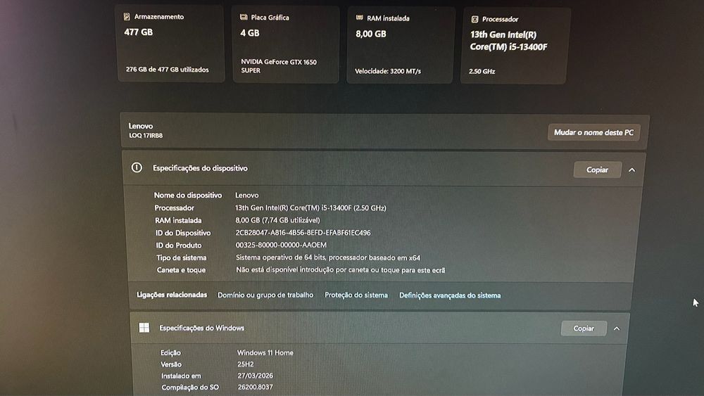 PC Gaming Lenovo (i5 13ª Ger / GTX 1650)