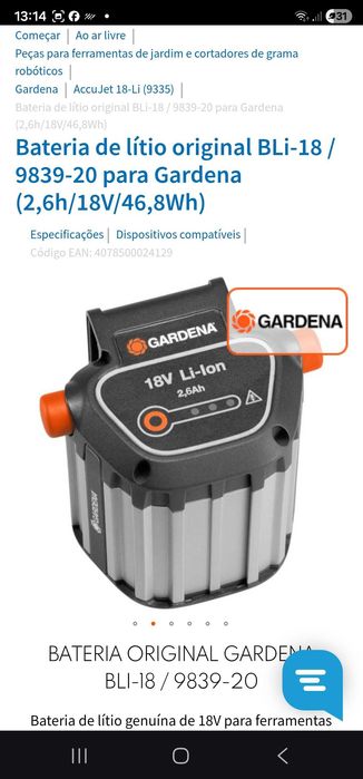 bateria 18V litio original gardenia 2.6ah com carregador