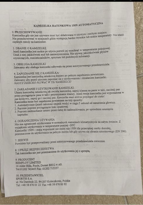 Pneumatyczna kamizelka ratunkowa nowa