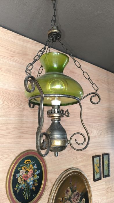Candeeiro Suspenso Vintage Estilo Petróleo Anos 70, Abajur Vidro Verde