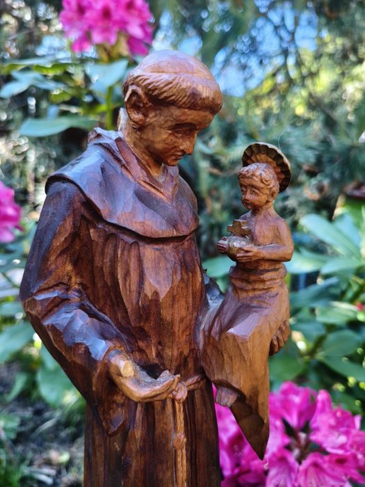 Stara sygnowana rzeźba rękodzieło Święty Antoni figurka