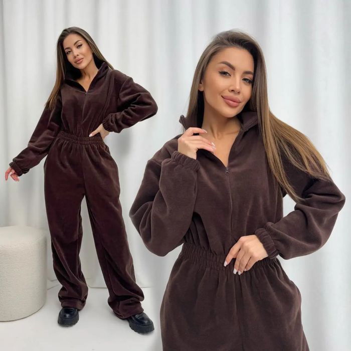 Трендовий флісовий комбінезон шоколадний костюм на блискавці палаццо