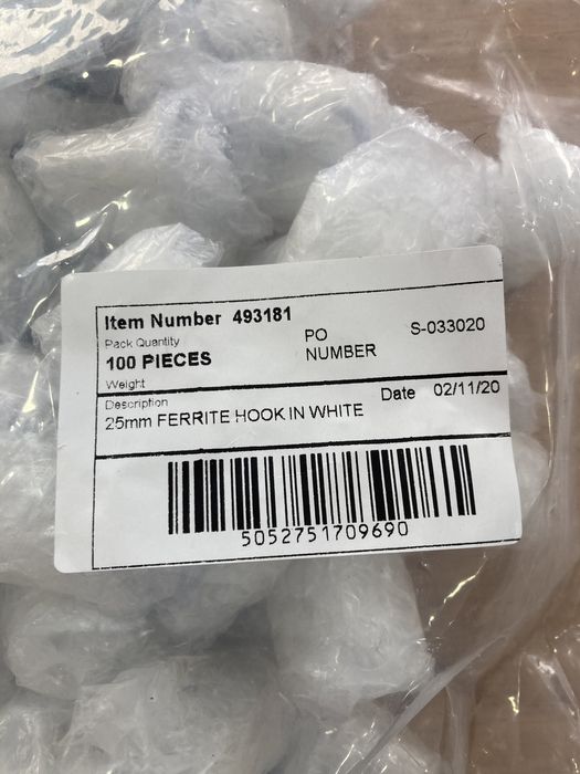 Lote 50 Ganchos íman 25mm Ferrite Hook White - Novo
