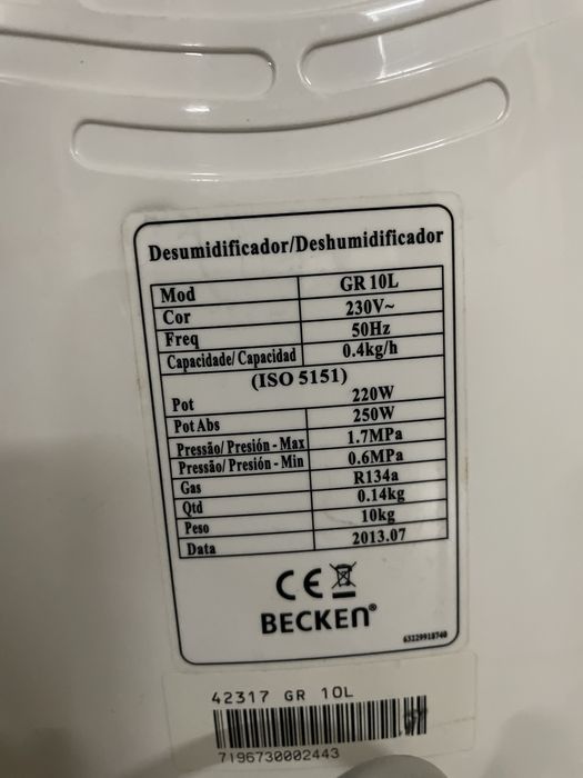 Desumidificador Becken GR 10L - Pouco Uso
