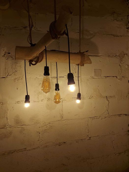 Lampa drewniana styl Loft/Boho/Skandynawska – 5 punktów świetlnych