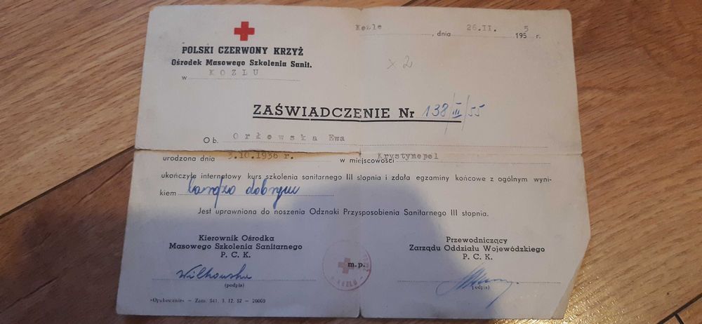 stare zaświadczenie polski czerwony krzyż 1955 rok