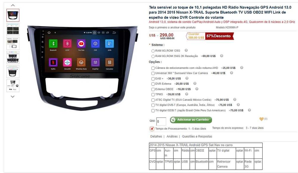 Radio Android Nissan X Trail 2014/2017 com moldura