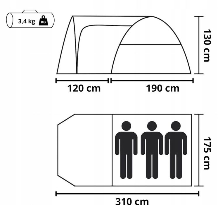 Namiot 3 Osobowy Przedsionek Wodoodporny Duży Turystyczny Kempingowy