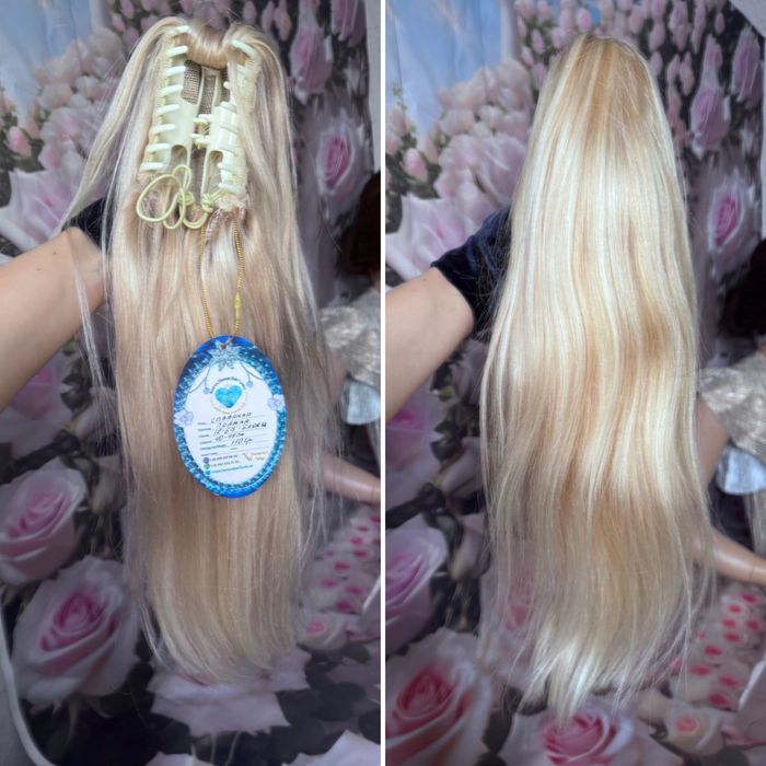 Натуральный хвост шиньон на крабе заколке славянка волосы блонд 45 см