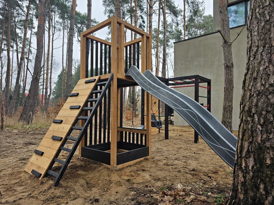 Nowoczesny Drewniany Plac Zabaw LUNA XL PLUS zjeżdżalnia lamele