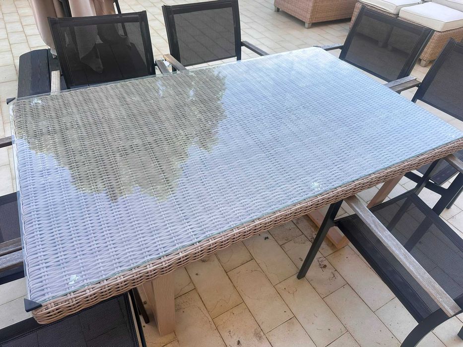 Conjunto jardim relax sofá de canto, 2 bancos e mesa bege 7 pessoas Medena Naterial