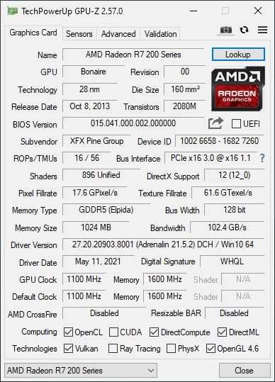 Видеокарта б/у XFX Radeon R7-260X-zk 1GB GDDR5 128-bit