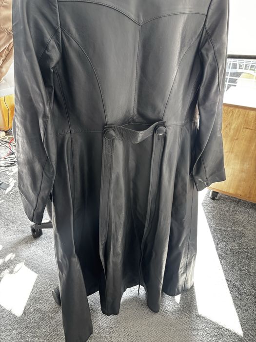 Vintage damski skórzany trencz z paskiem wiązany prochowiec płaszcz z prawdziwej skóry real leather