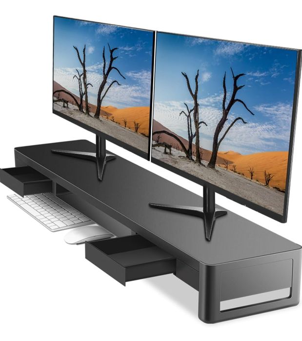 Stojak na dwa monitory z 2 szufladami do przechowywania