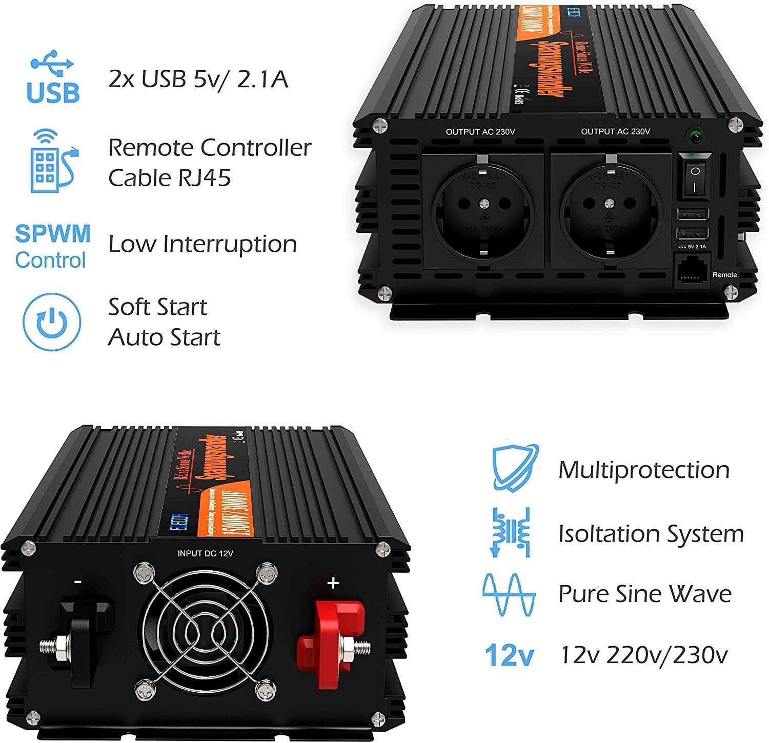 EDECOA Inversor de Corriente Onda Pura 1500W-3000W 12V 220V