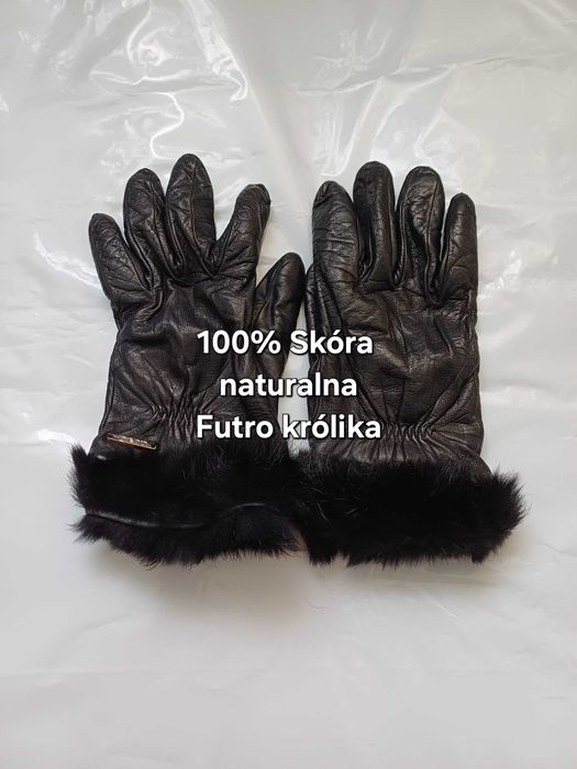 Liu Jo skórzane rękawiczki ozdobione futrem królika rozmiar L