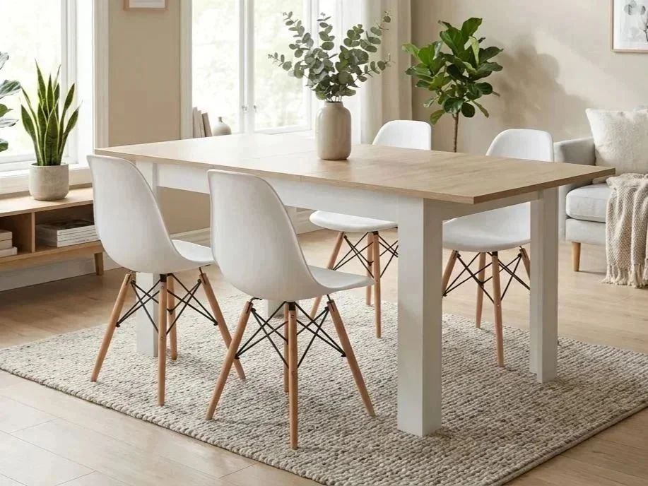 NOWY Stół Rozkładany 120/160x80 cm z Krzesłami Duży Do Domu Kuchni Jadalni Salonu Biały Dąb Sonoma Stół i Krzesła Kuchenny Zestaw Komplet Mebli OKAZJA
