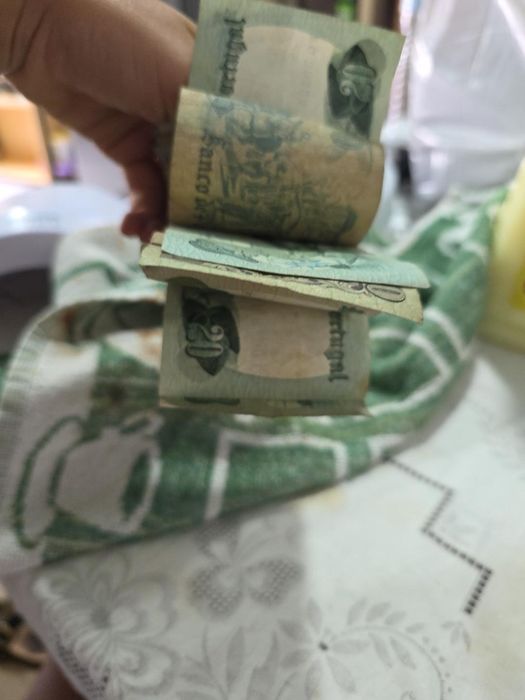 Notas antigas de eacudo e moedas