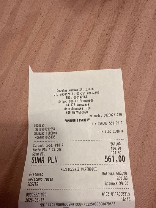 Burberry Goddess Amber Vanilla 50 ml użyte raz – paragon Douglas