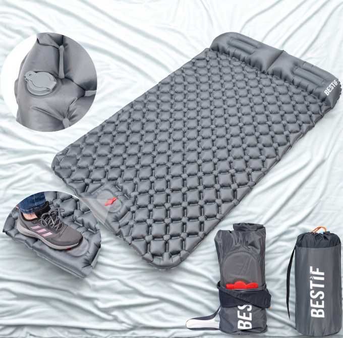 Materac turystyczny dmuchany podwójny z pompką trekking camping
