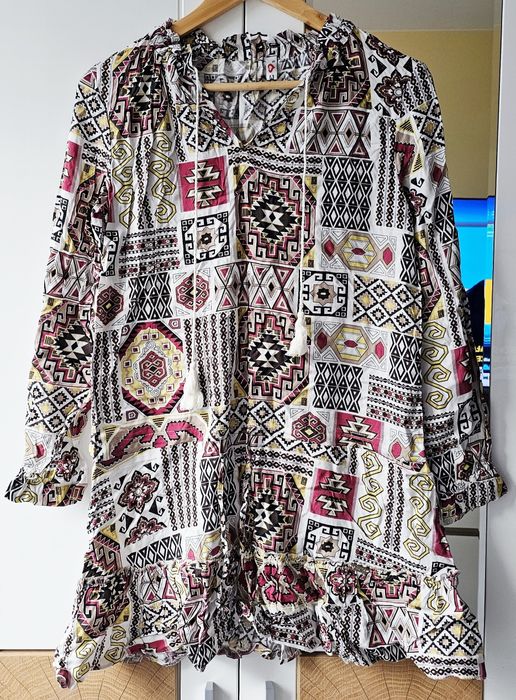 Nowa bawełniana kolorowa tunika w stylu boho, rozm S
