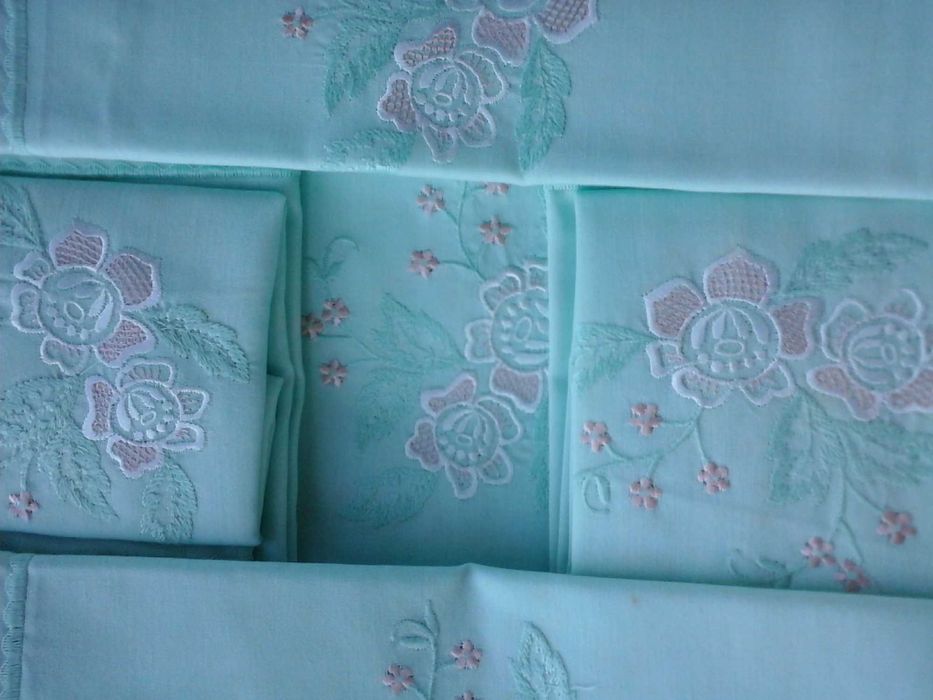 LENÇÓIS de LINHO Bordados, Cama Solteiro, VERDE Marinho Claro- NOVOS!