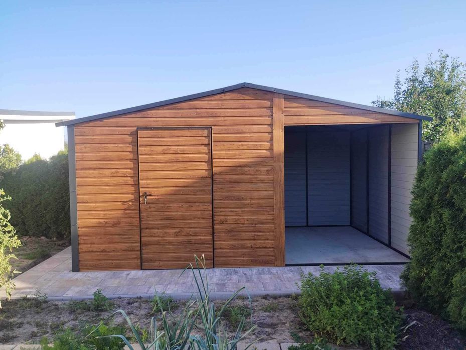 garaże blaszane drewnopodobne, profil zamknięty, garaż 6x5,8