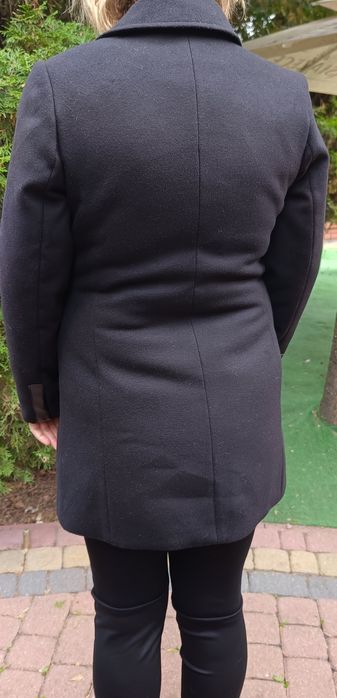 Płaszcz wełniany czarny r 38 wstawki z eko skóry