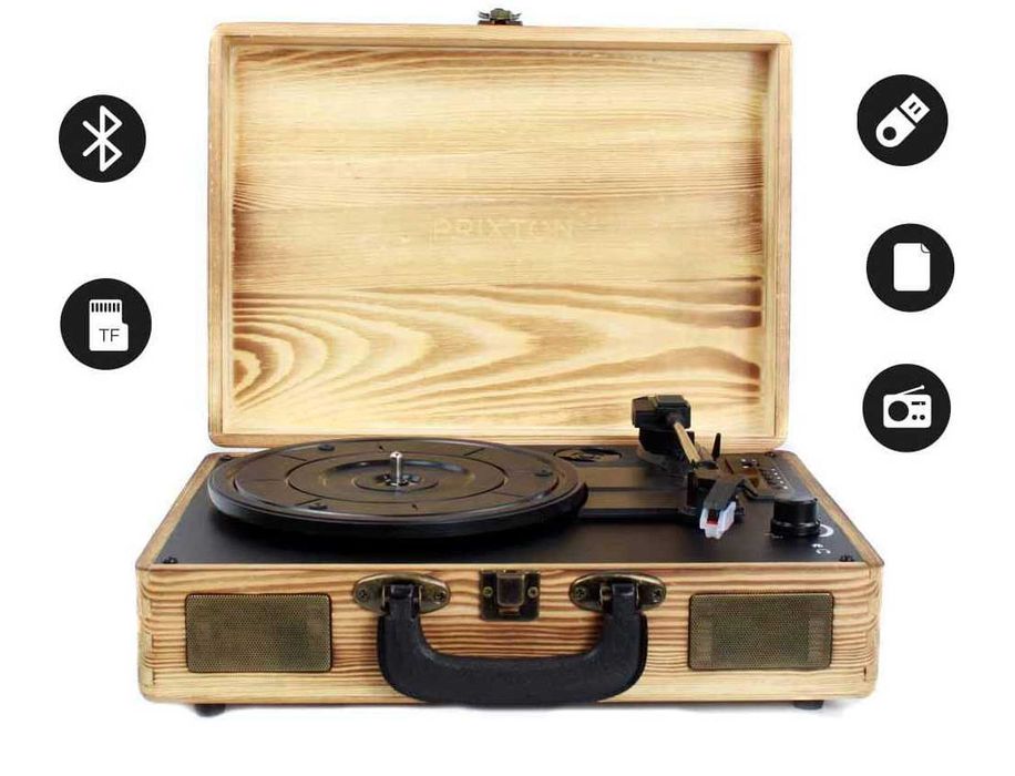 Gira discos portátil mala em madeira ou pele Bluetooth e USB