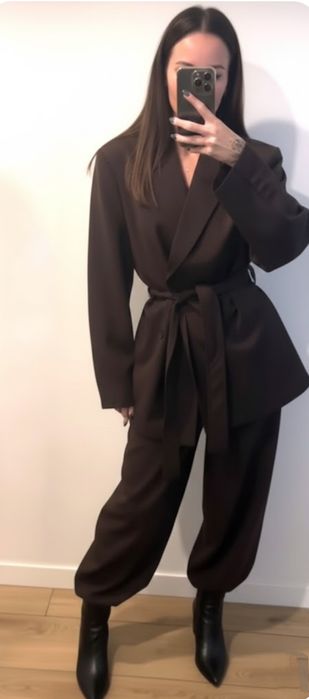 Zara garnitur czekoladowy brązowy spodnie marynarka wiązana s 36